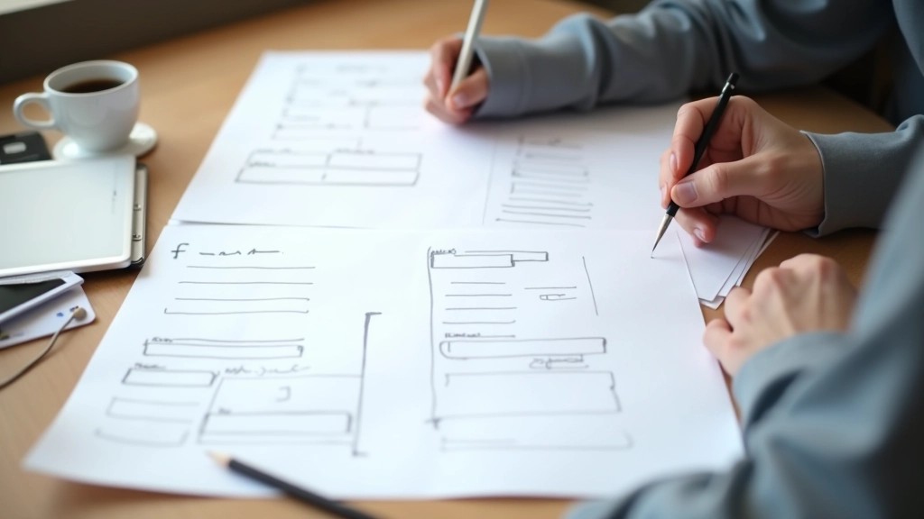 Designer sketching form layouts on paper with annotations and field groupings